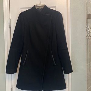 Calvin Klein Wool Coat with zipper & snaps. Leather trim on collar and pockets.